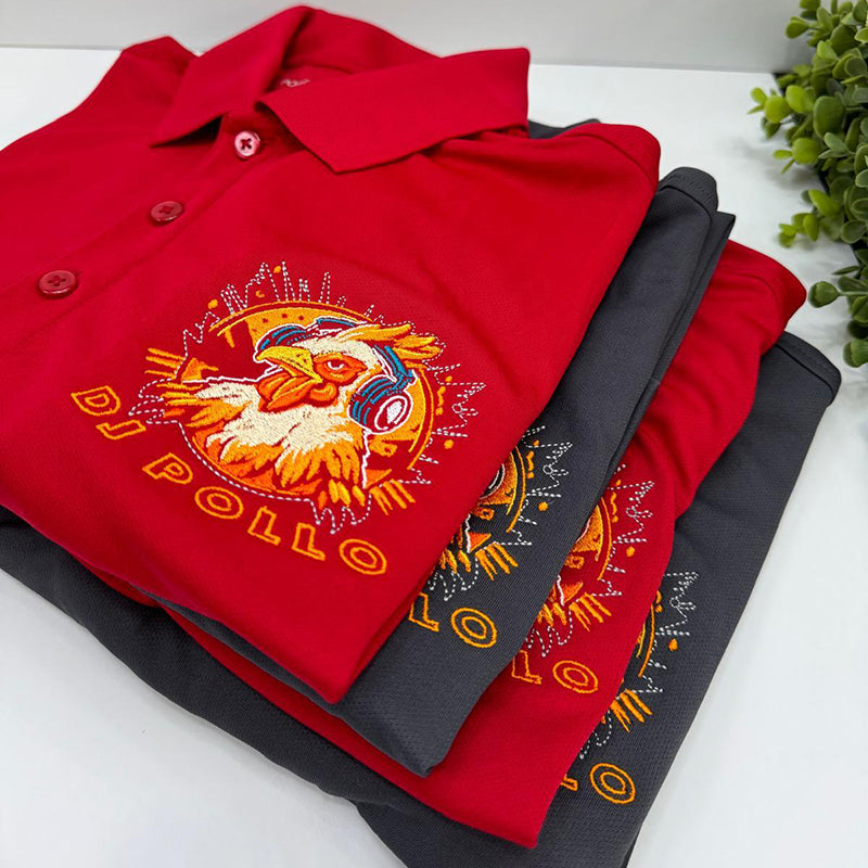 folded red and gray polo embroidered with DJ pollo logo