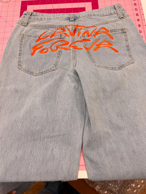 Latina Forever Jeans, Embroidered Denim Pants, Wide Leg Jeans, Chicana Style, Trendy Handmade Jeans, Festival Outfit, karol g, tropicoqueta