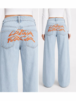 Latina Forever Jeans, Embroidered Denim Pants, Wide Leg Jeans, Chicana Style, Trendy Handmade Jeans, Festival Outfit, karol g, tropicoqueta