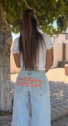 Latina Forever Jeans, Embroidered Denim Pants, Wide Leg Jeans, Chicana Style, Trendy Handmade Jeans, Festival Outfit, karol g, tropicoqueta